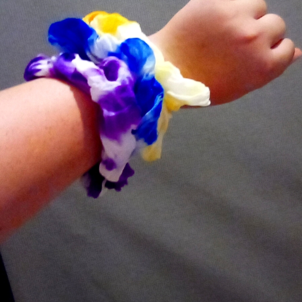 Yellow blue and purple tie die scrunchies
